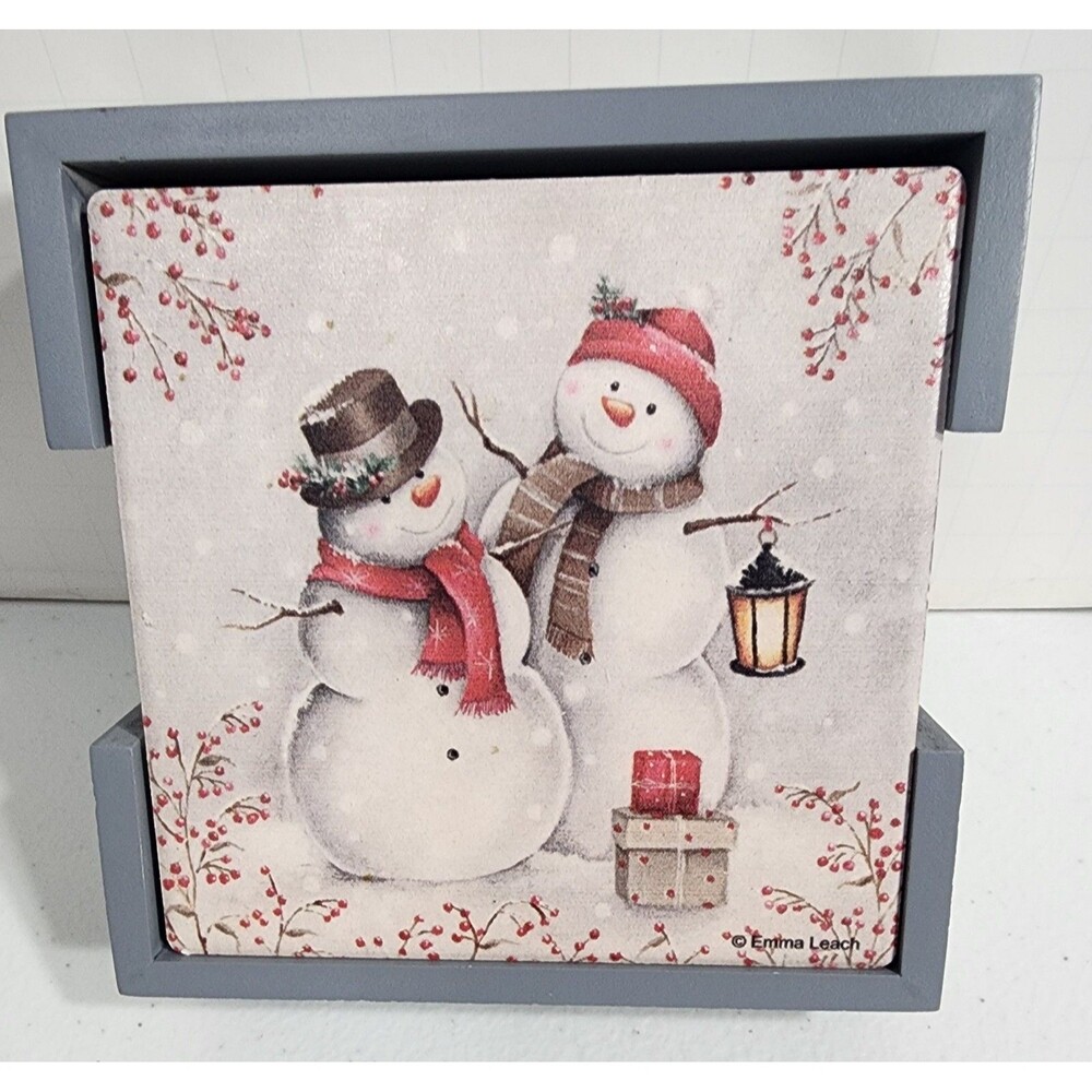 Set Of 4 Snowmen Winter Scene Christmas Coasters Emma Leach Cork Back Stone Tile